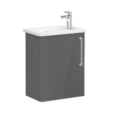 Vitra Root 66341 Lavabo Dolabı, Kapaklı, 45 Cm, Kompakt, Sağdan Armatür Delikli, Parlak Antrasit, Yuvarlak Lavabolu, Sol